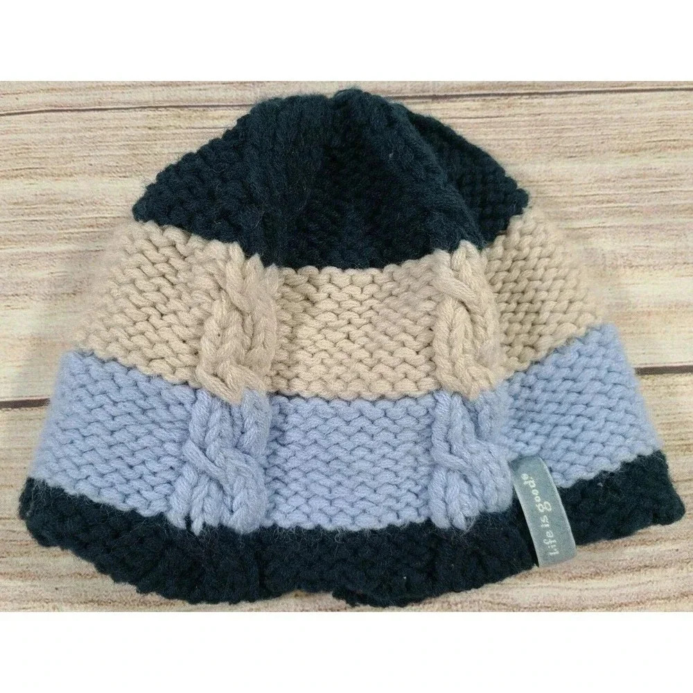 Life Is Good Kids Youth Knit Hat Beanie Blue Beige Tan